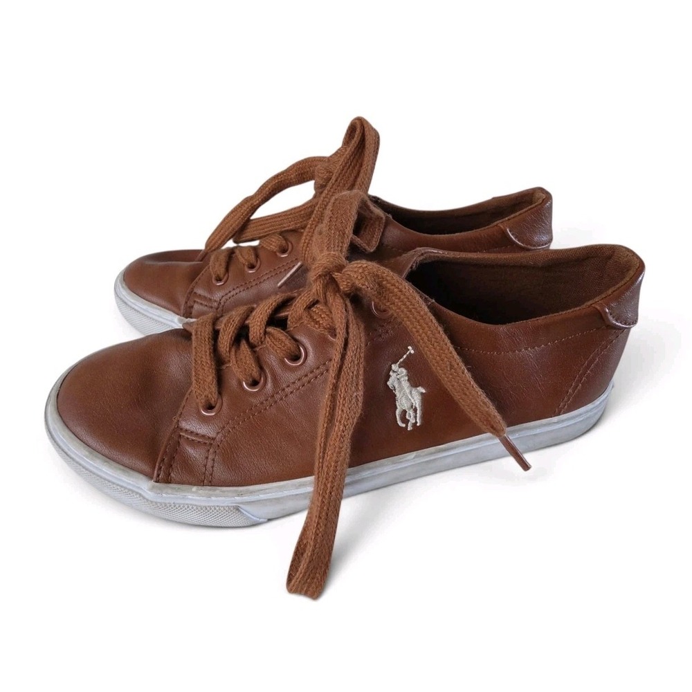 Polo Ralph Lauren Slater Sneakers Y/Kids SZ 2 Brown Leather Preppy Shoes Casual